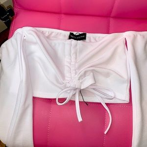 White ruched detail Bardot long sleeve crop top